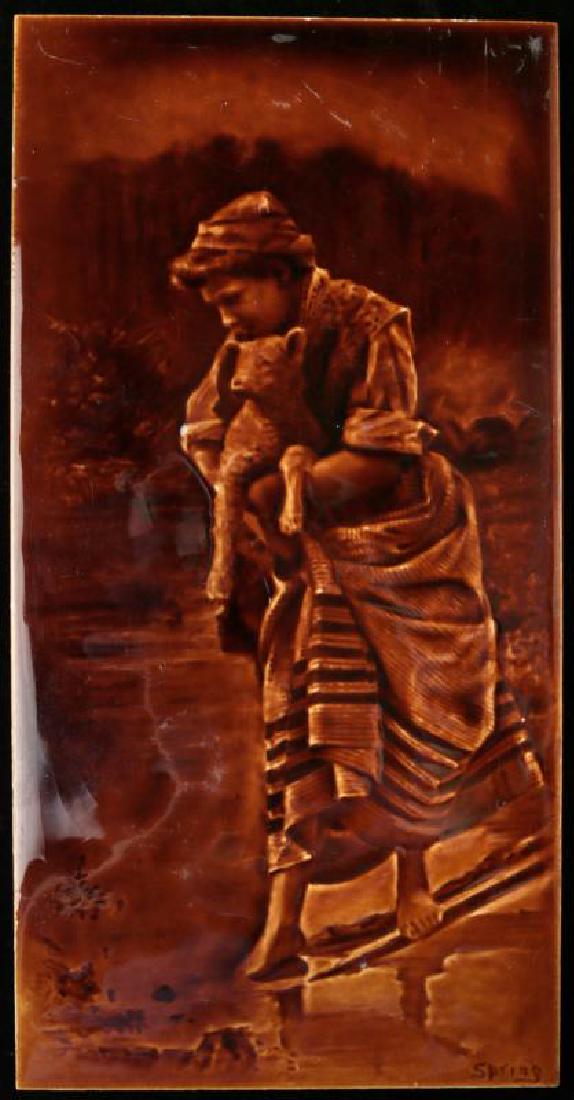 A 19TH C. VICTORIAN ART TILE TITLED 'SPRING' (1 of 4)