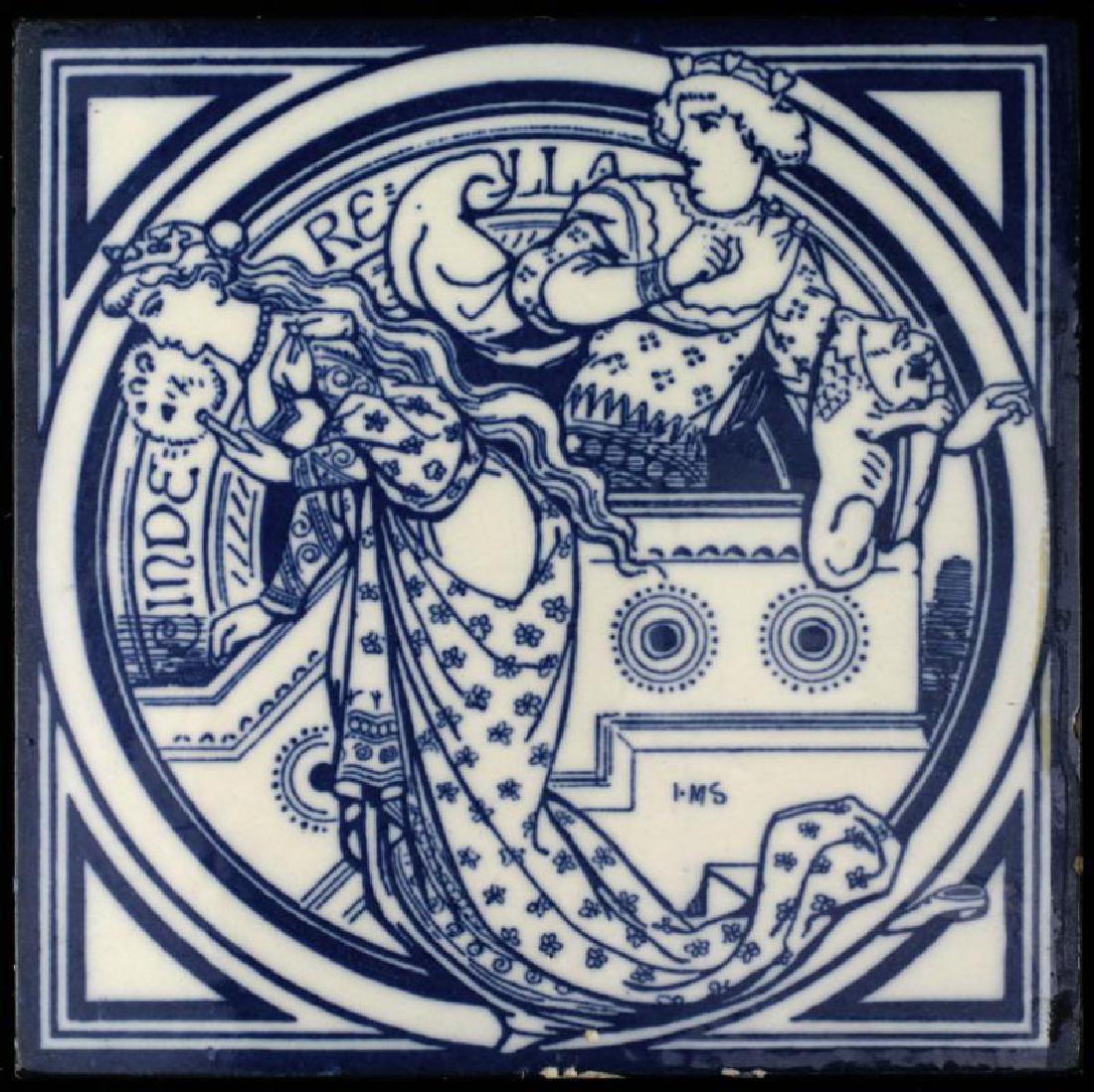 A MINTON MOYR SMITH CINDERELLA SERIES TILE: A blue and white design with the monogram of designer Moyr Smith, marked by the maker back side, circa 1874. Measures 6 x 6 inches. We happily provide seamless in-house packing and shipping services o