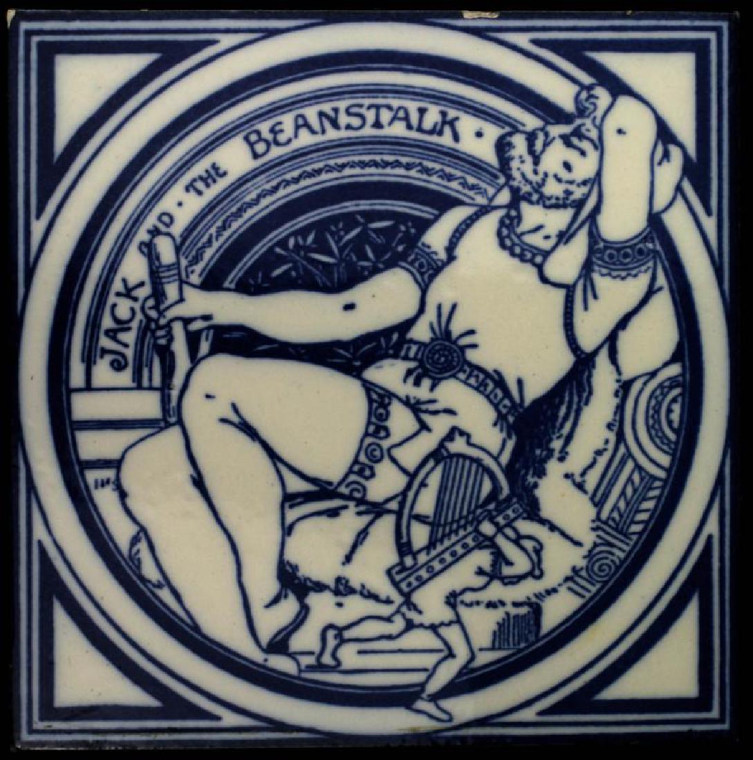 A MINTON MOYR SMITH JACK BEANSTALK SERIES TILE: A blue and white design with the monogram of designer Moyr Smith, marked by the maker back side, circa 1874. Measures 6 x 6 inches. We happily provide seamless in-house packing and shipping services o