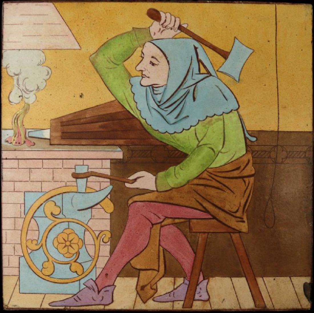 COPELAND 'MEDIEVAL OCCUPATIONS' DUST PRESSED TILE: From the series of 24 striking designs produced by the patented dust pressed process. Measures 6 inches. We happily provide seamless in-house packing and shipping services on nearly everything we sell