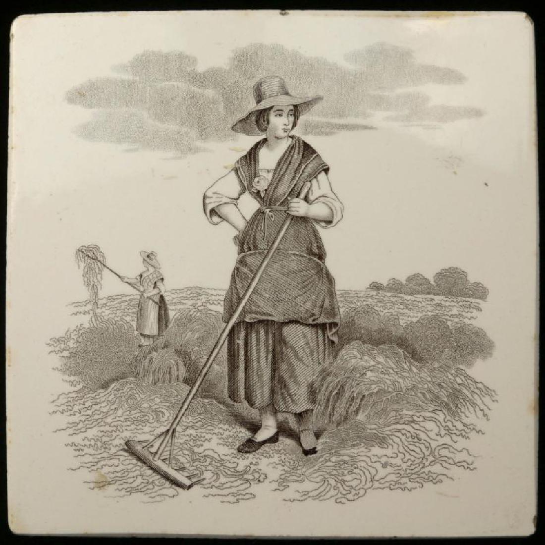 A MINTON CHINA WORKS BROWN TRANSFER TRIVET TILE: Image of a woman field worker, marked back side. Measures 6 inches. We happily provide seamless in-house packing and shipping services on nearly everything we sell.