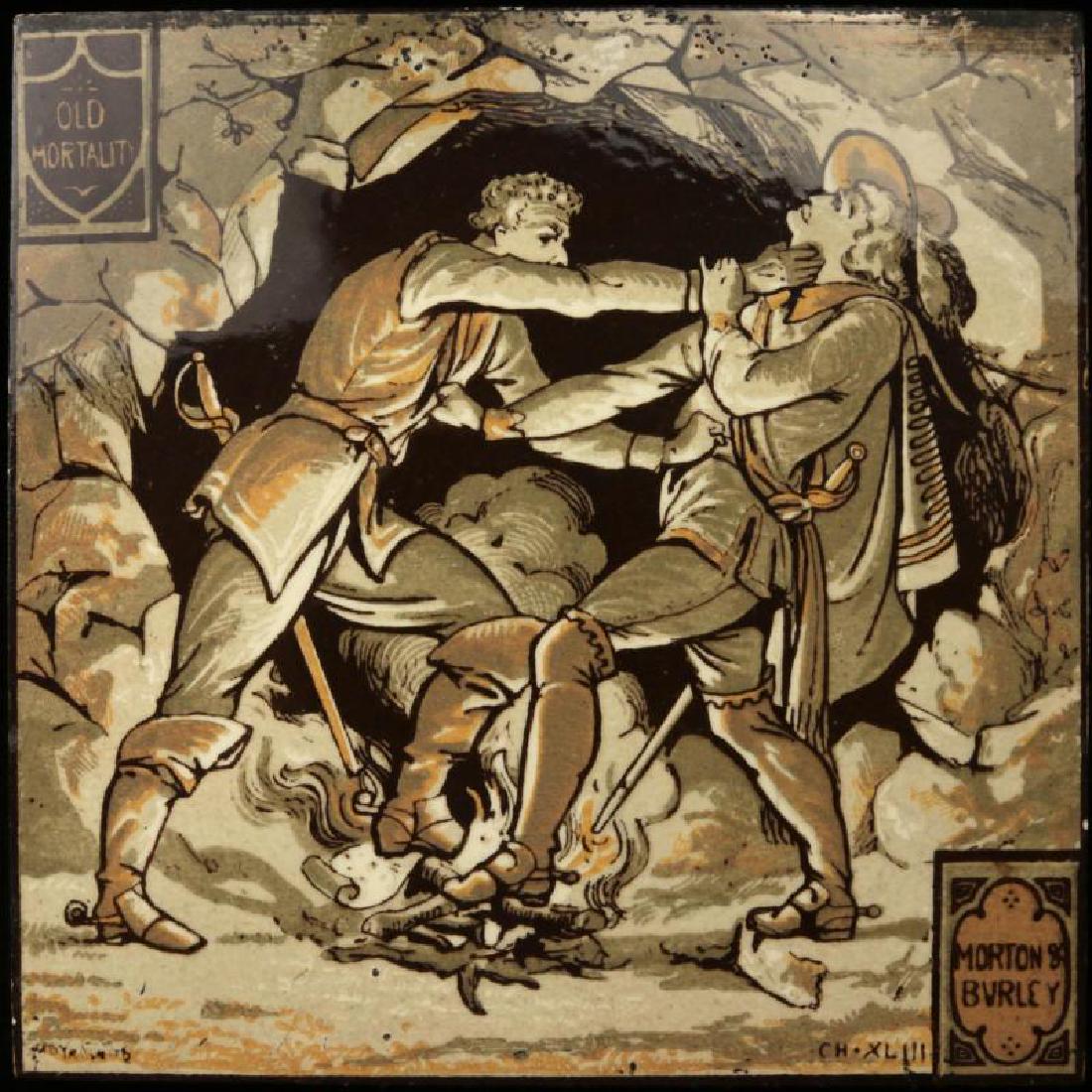 A MINTON MOYR SMITH WAVERLY NOVEL SERIES TILE: From the series of tiles illustrating scenes of the Waverly Novels by Sir Walter Scott, signed lower left, titled OLD MORTALITY, scene of Morton and Burley. Measures 6 inches. We happily provide seaml