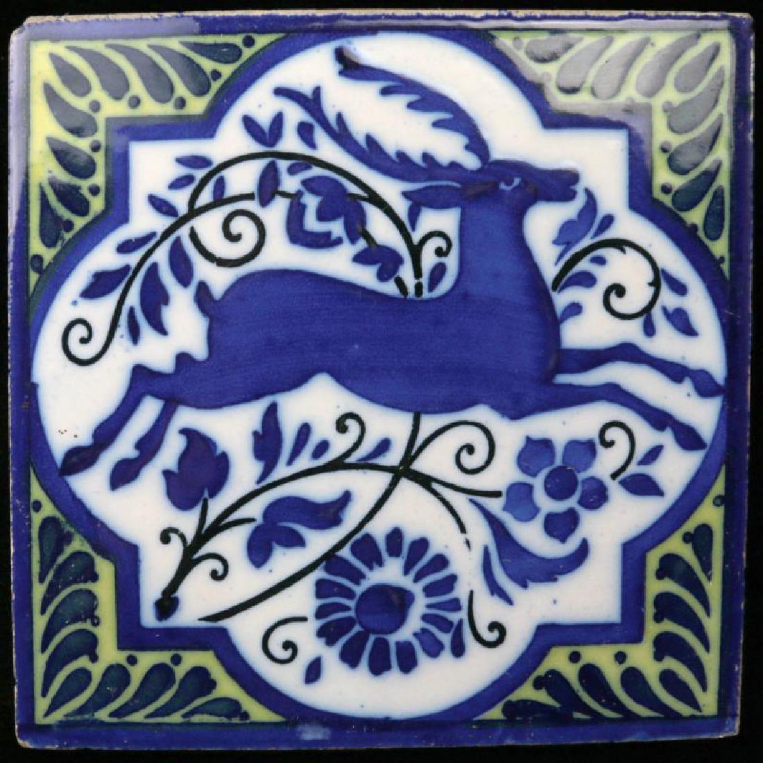 A CIRCA 1900 GLAZED TERRA COTTA TILE: Unsigned. Measures 6 inches. We happily provide seamless in-house packing and shipping services on nearly everything we sell.