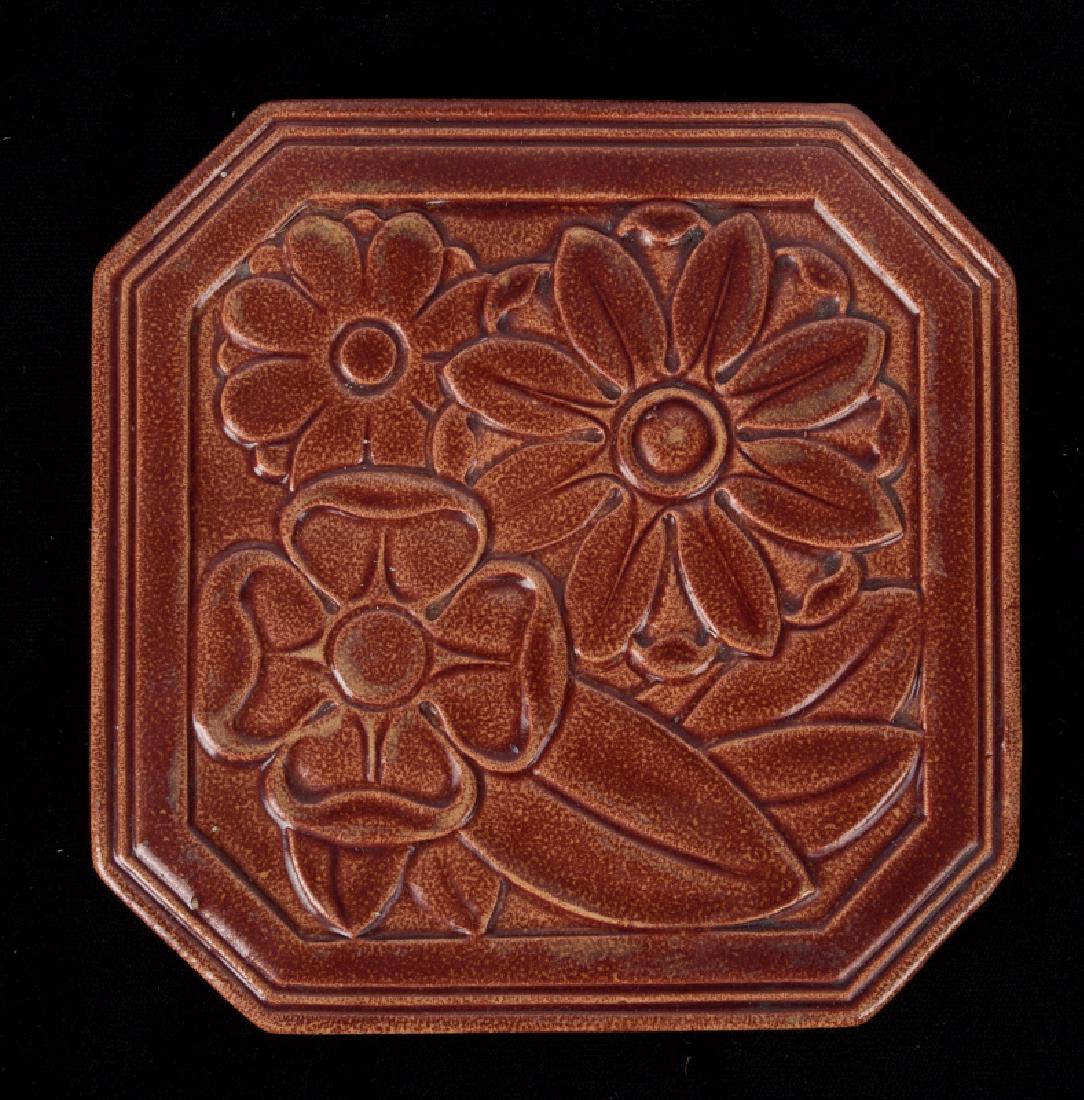 A RUSHMORE POTTERY ART POTTERY TILE: Scratched maker's mark back side. Measures 5 inches. We happily provide seamless in-house packing and shipping services on nearly everything we sell.