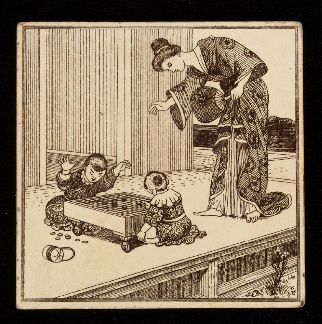 A MAW AND CO BROWN TRANSFER ART TILE CORCA 1890: A Japanese theme in brown transfer, embossed mark verso. Measures 6 inches. We happily provide seamless in-house packing and shipping services on nearly everything we sell.