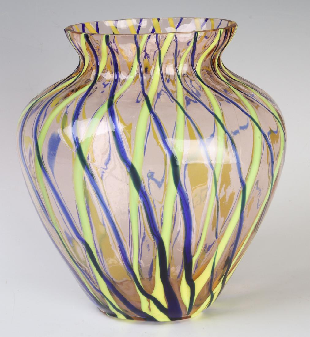 AN OUT-OF -THE-ORDINARY CZECH ART GLASS VASE: Unsigned. Measures 8 x 6.75 inches. We happily provide seamless in-house packing and shipping services on nearly everything we sell.