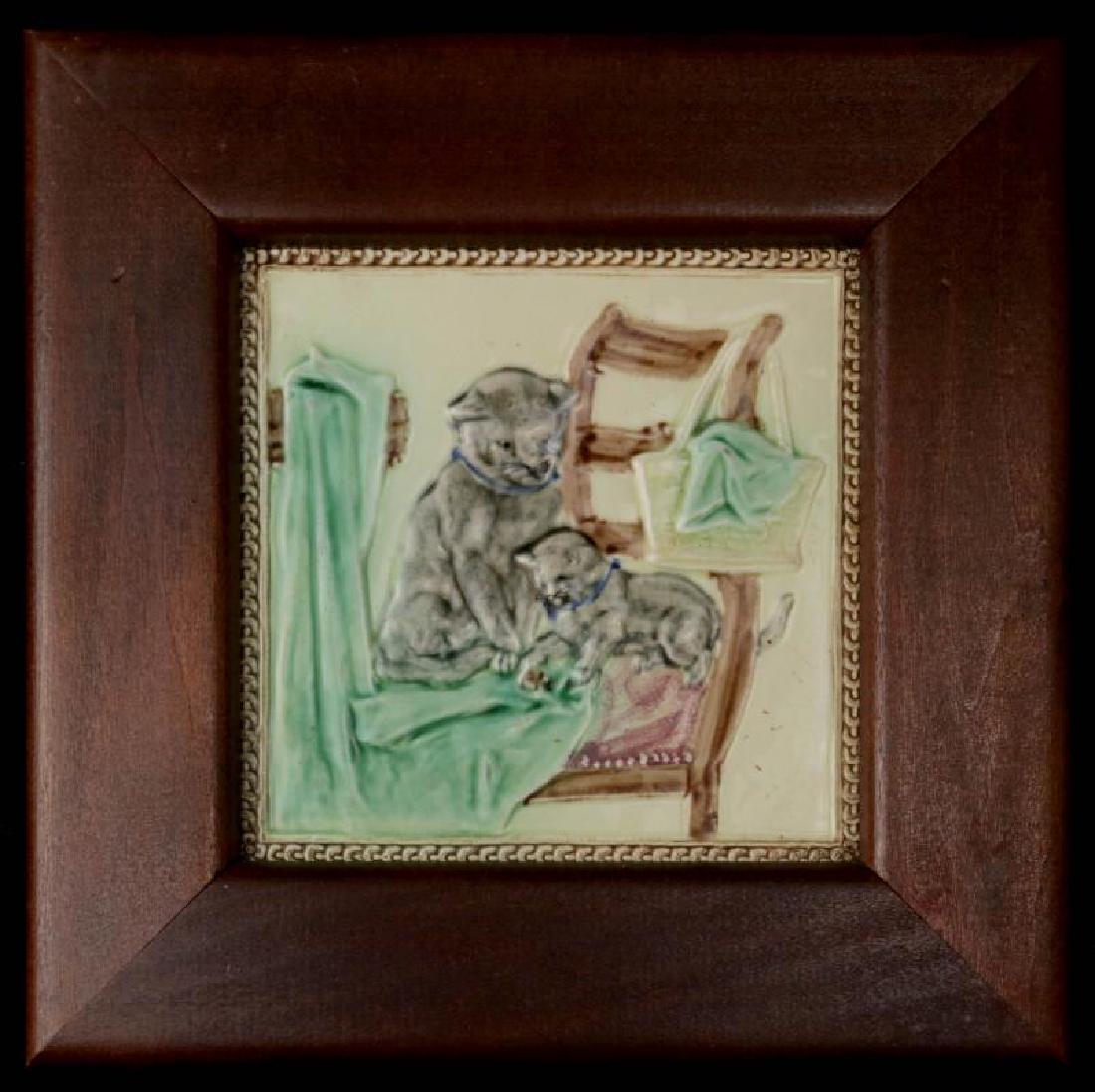 CIRCA 1900 AUSTRIAN MAJOLICA TILE W/ CAT & KITTEN: The usual impressed numerals back side. Tile measures 6 inches, the frame is 9 inches. We happily provide seamless in-house packing and shipping services on nearly everything we sell.