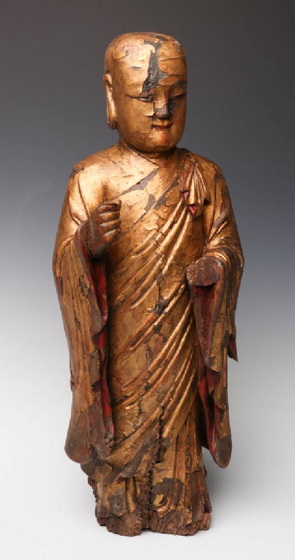 A 17TH / 18TH C. CHINESE GILT WOOD BUDDHIST MONK (1 of 9)