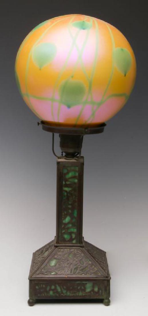 A RIVIERE PATINATED BRONZE LAMP WITH QUEZAL SHADE (1 of 9)