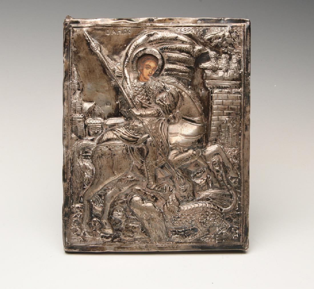 A 19TH CENTURY ST. GEORGE ICON WITH SILVER OKLAD (1 of 7)