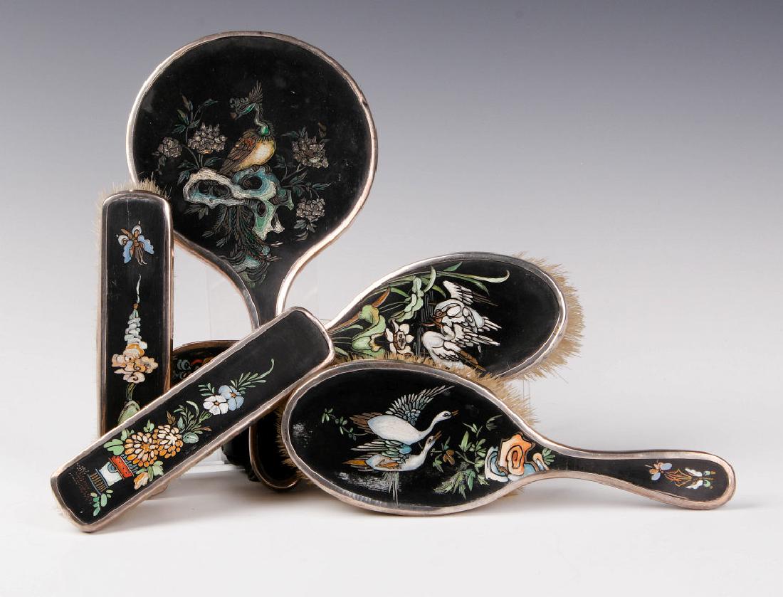AN UNUSUAL STERLING AND CARVED LACQUER DRESSER SET (1 of 8)