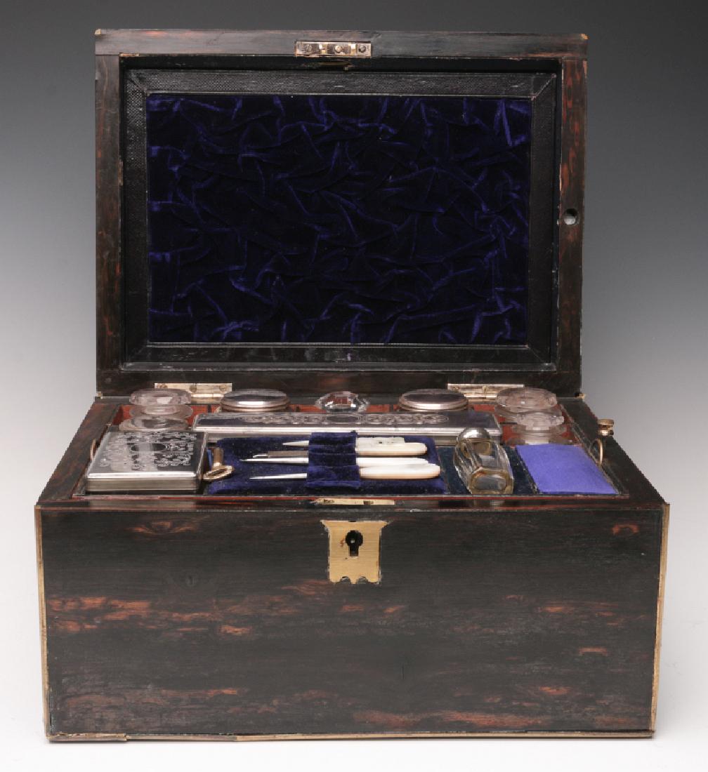 AN ANTIQUE ZEBRA WOOD VANITY CASE WITH ACCESSORIES (1 of 15)