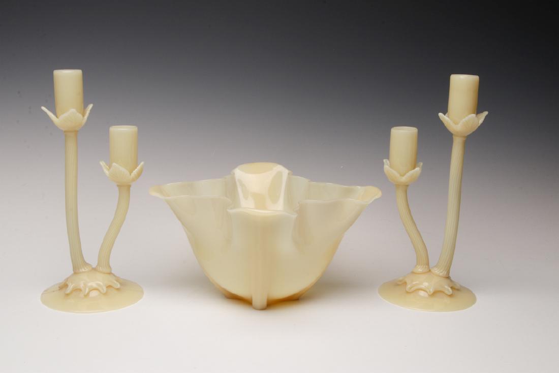 A STEUBEN IVRENE GROTESQUE THREE PIECE CONSOLE SET (1 of 7)