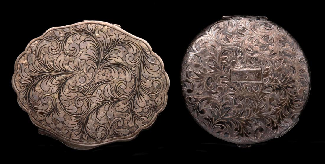 A HAND-CHASED STERLING COMPACT, PLUS ANOTHER (1 of 5)