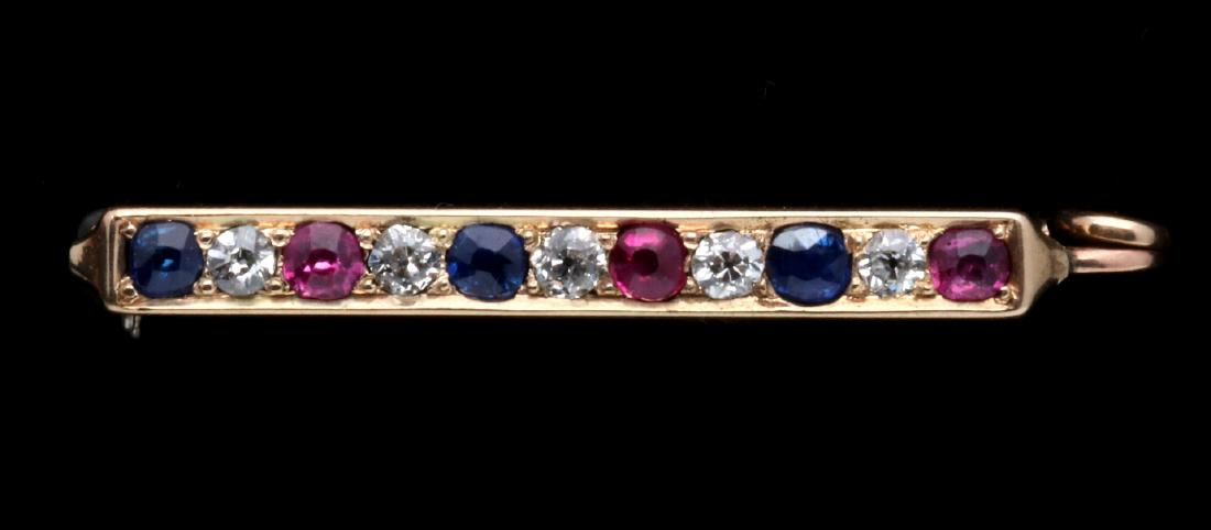 AN ANTIQUE 14K GOLD, DIAMOND AND GEMSTONE BAR PIN (1 of 4)