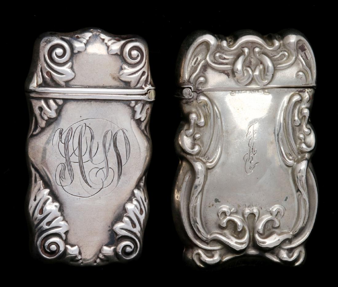 AN ANTIQUE STERLING MATCH SAFE, PLUS ANOTHER: An antique Sterling silver match safe, monogrammed, marked on the upper rim. Plus a James Blake Co. match safe marked 'SterlinE', monogrammed. Measure 2.5 x 1.325 and 2.5 x 1.25 inches. We happily pro