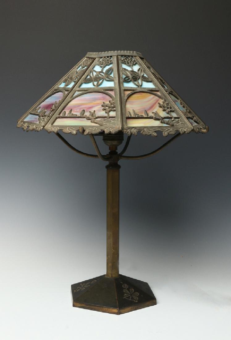 A BRADLEY AND HUBBARD PANEL LAMP WITH HARBOR SCENE (1 of 14)