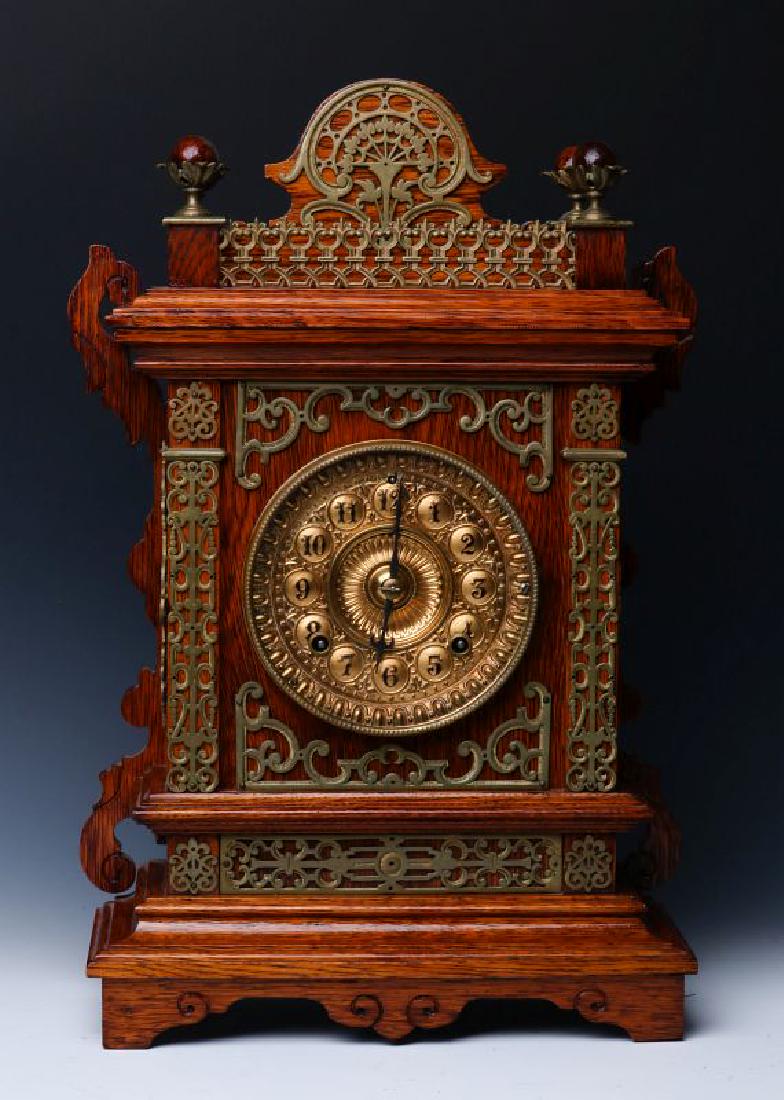ANSONIA 'CABINET F' BRASS MOUNTED OAK SHELF CLOCK (1 of 17)