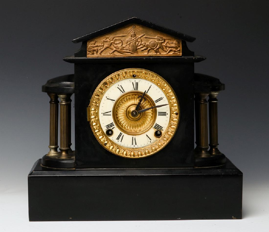 AN ANSONIA BLACK ENAMEL SHELF CLOCK AS FOUND (1 of 13)