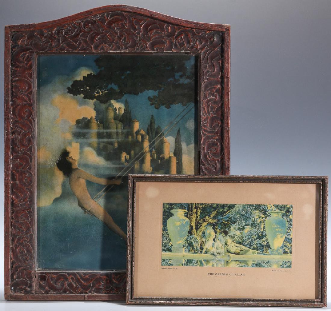TWO PRINTS AFTER MAXFIELD PARRISH, CIRCA 1930s: An Osborne line mounted image of Dinkey Bird, without glass, plus a small framed image titled Garden of Allah. Garden of Allah sight size is 7.75 x 11.75 with a frame size of 8.7 5 x 12.75 inches. The