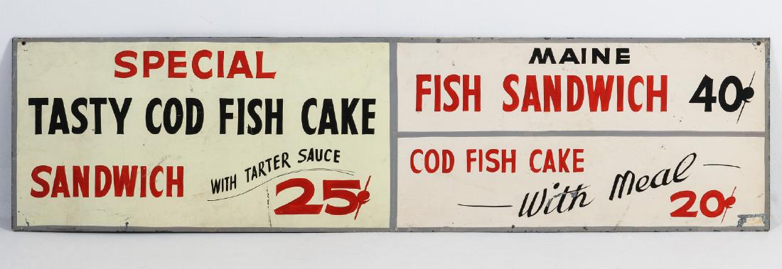 A PAINTED METAL MENU SIGN WITH 25¢ FISH SANDWICH (1 of 6)
