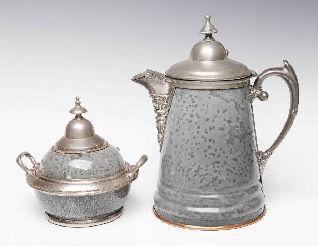 PEWTER TRIM GRAY GRANITE COFFEE POT AND SUGAR (1 of 11)