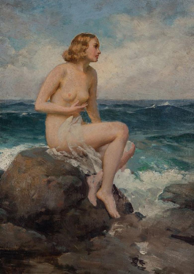 JOSEPH TOMANEK (1889-1974) OIL ON ARTIST'S BOARD: Joseph Tomanek (1889-1974) An untitled nude in seascape composition. Circa 1930s. Unsigned, stamped verso with the estate stamp. Board measures 14 x 10, frame is 15.25 x 11.25 inches. We happily provi