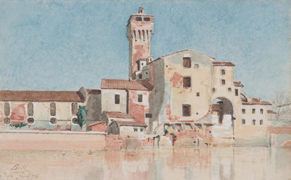 ALEXANDRE BIDA (FRENCH, 1823-1895) WATERCOLOR: Alexandre Bida (French, 1823-1895) Pise Feur 1876 Signed lower left, titled 'Pise Feur' and dated 76. Sheet measures 7.25 x 11.75, frame is 15.5 x 19.5 inches. We happily provide seamless in-house pac