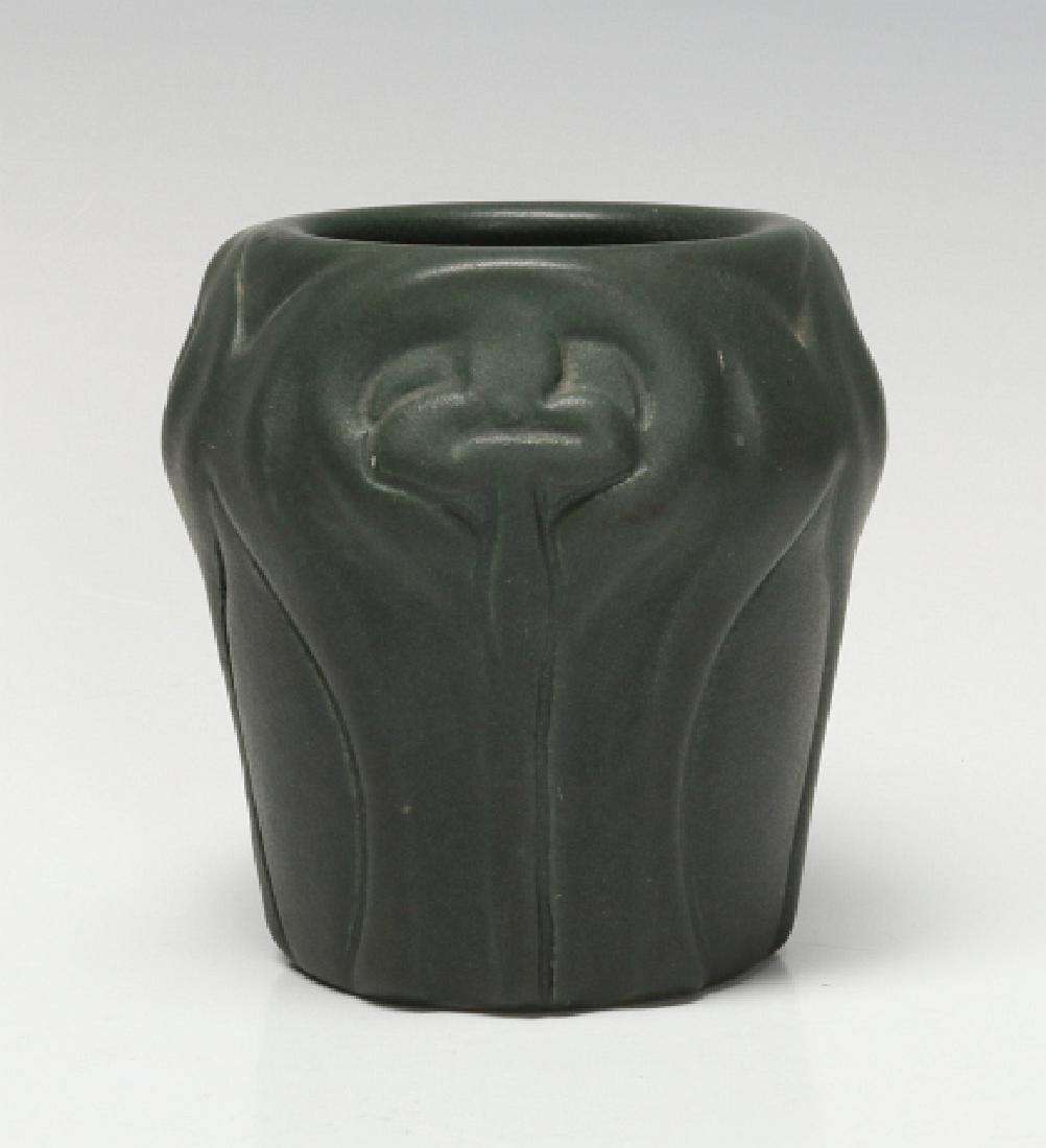 A MATTE GREEN VAN BRIGGLE VASE, # 310, DATED 1902 (1 of 9)
