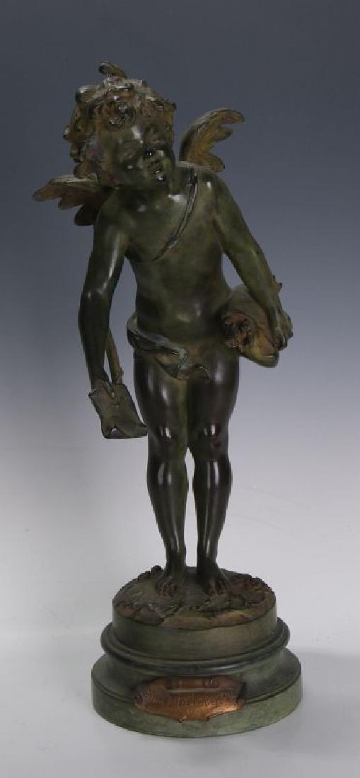 AFTER AUGUSTE MOREAU (1826-1897) BRONZE SCULPTURE: After Auguste Moreau Billet De Logement 1880 A nicely cast figure with strong olive green patina ranging to golden brown, signature in the casting,. Measures 17 x 6 inches. We happily provide seamless