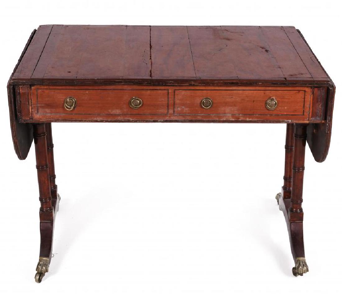 AN 18TH C. DUNCAN PHYFE STYLE DROP LEAF SIDE TABLE: Mahogany with inlays, as found condition. Measures 27.5 x 68.5 x 27 inches. We happily provide seamless in-house packing and shipping services on nearly everything we sell.
