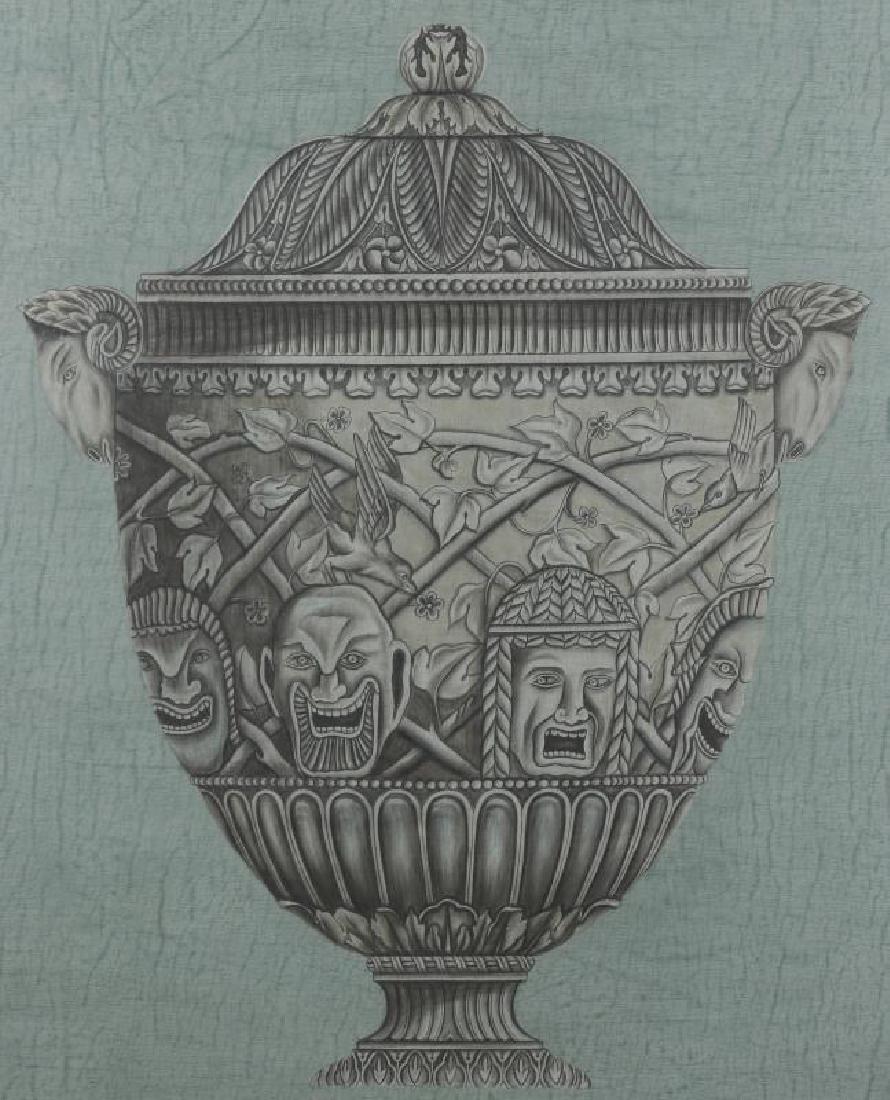 20TH C PAINTING OF ARCHITECTURAL URN AFTR PIRANESI: A custom painting on artist's board commissioned by Thomas Britt for a Mission Hills, Kansas home. Measures 53 x 44 inches. We happily provide seamless in-house packing and shipping services on nearly