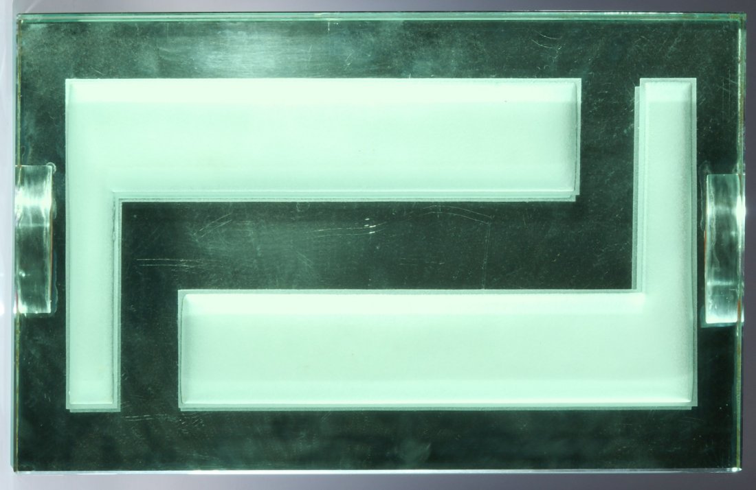 A THICK DEEPLY CARVED ART DECO MIRRORED GLASS TRAY (1 of 5)