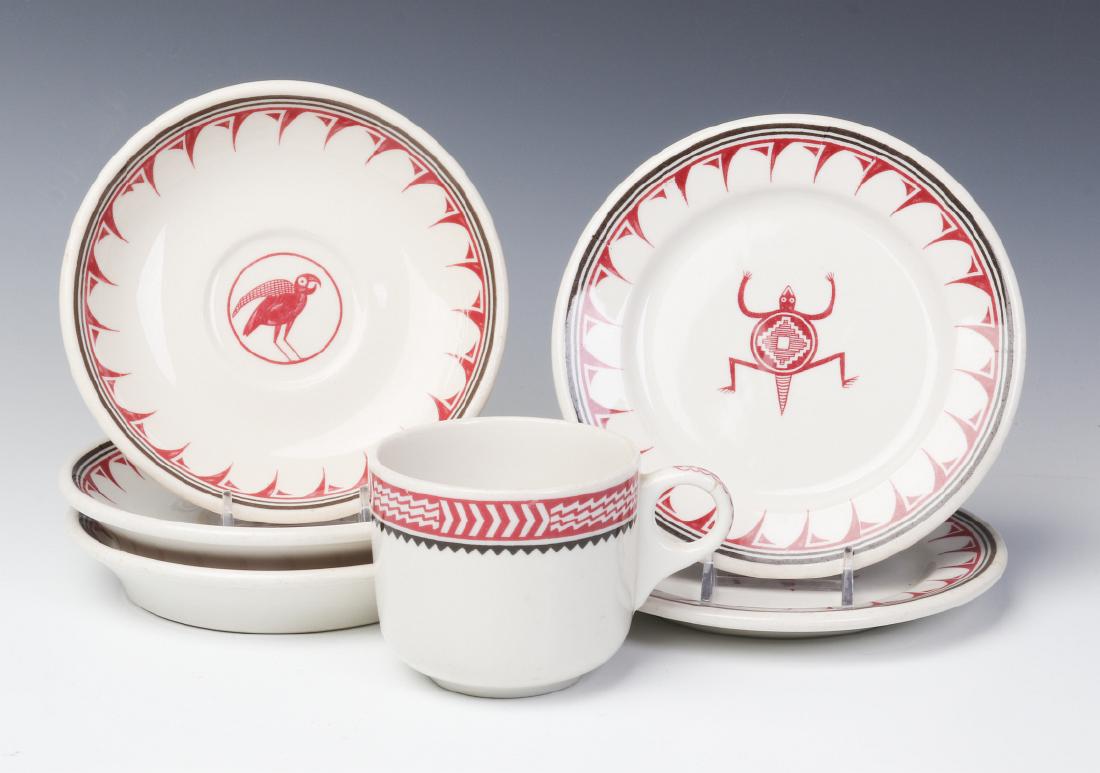 'MIMBRENO' PATTERN SANTA FE RAILROAD DINING CHINA: Includes two dessert plates, three saucers and a coffee cup. Each back stamped MADE EXPRESSLY FOR Santa Fe DINING CAR SERVICE. Sizes range from 6 to 6.25 inches. Measures 8.25 and 6.25 inches in diame