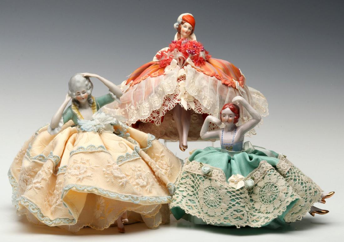 THREE VINTAGE PORCELAIN PINCUSHION DOLLS (1 of 9)