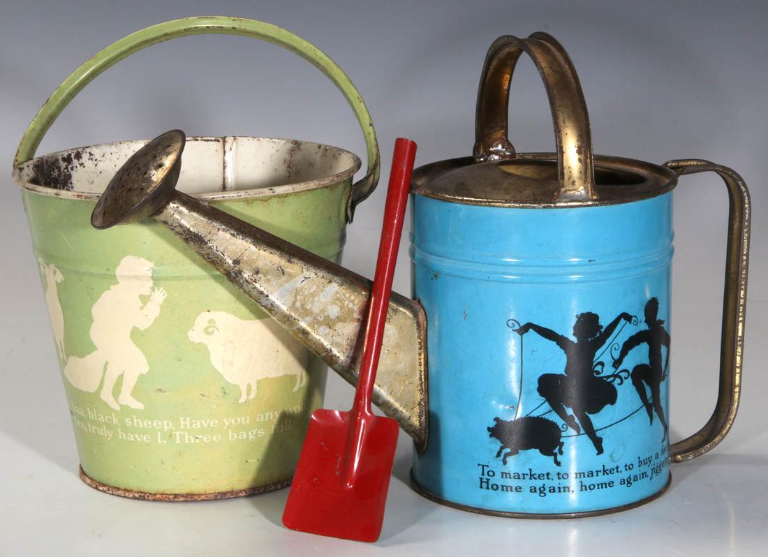 ANTIQUE TIN LITHO SAND PAIL AND WATERING CAN (1 of 9)