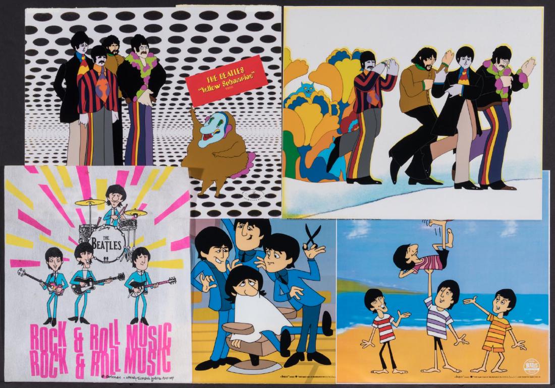 FOUR BEATLES SERI-CELS CIRCA LATE 20TH CENTURY: Four seri-cels and another piece printed on felt from 'Yellow Submarine' and the 1965 Beatles saturday morning cartoon. Range in size from 13.5 x 13.5 to 13.5 x 17 inches. We happily provide seamless 