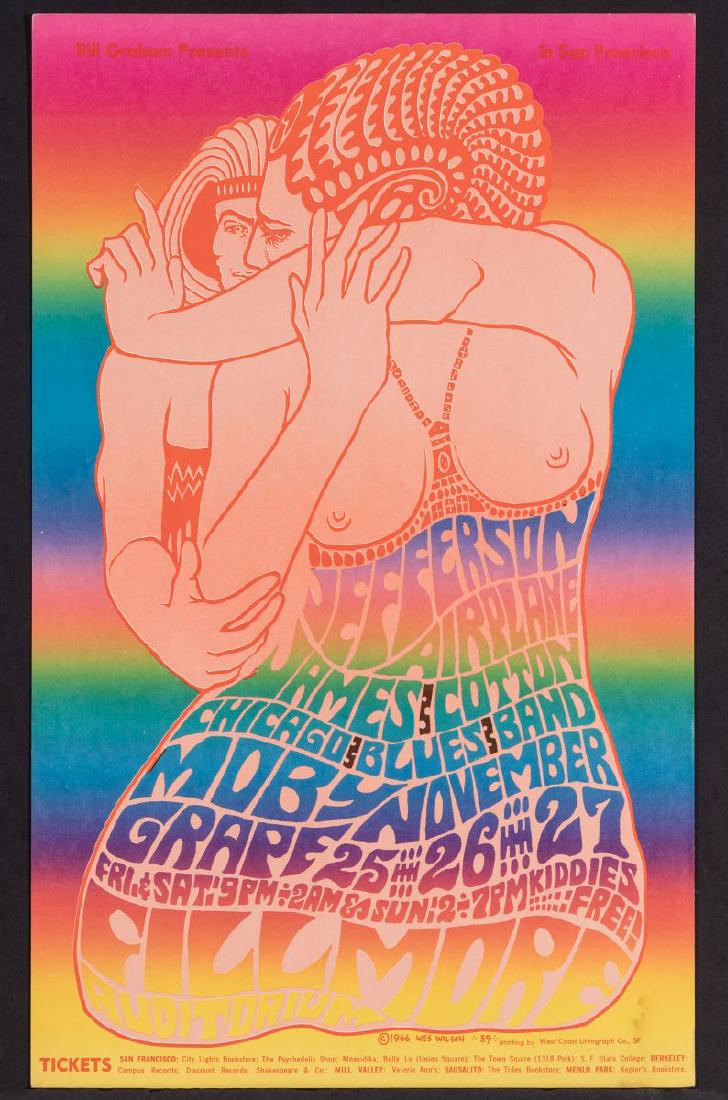 A JEFFERSON AIRPLANE PSYCHEDELIC CONCERT POSTER: Wes Wilson (Born 1937) Jefferson Airplane Poster 1966 Third edition printing. printed signature lower right and dated 1966. Performers Jefferson Airplane, James Cotton Blues Band and Moby Grape. Measu