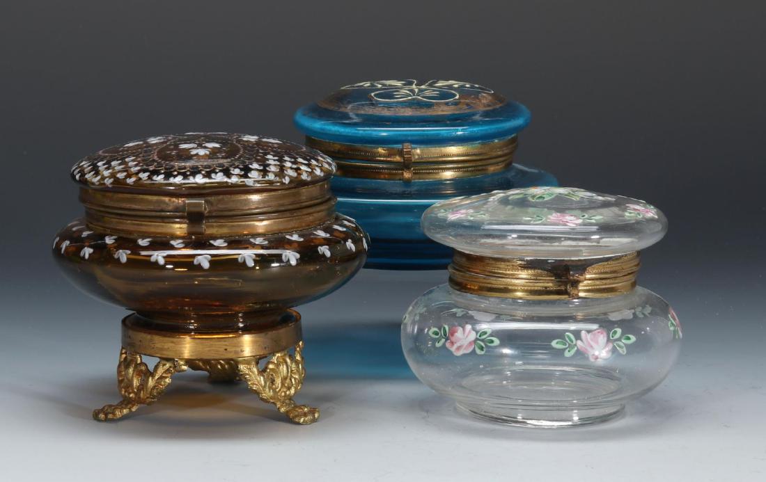 THREE VICTORIAN ENAMELED ART GLASS DRESSER BOXES (1 of 12)
