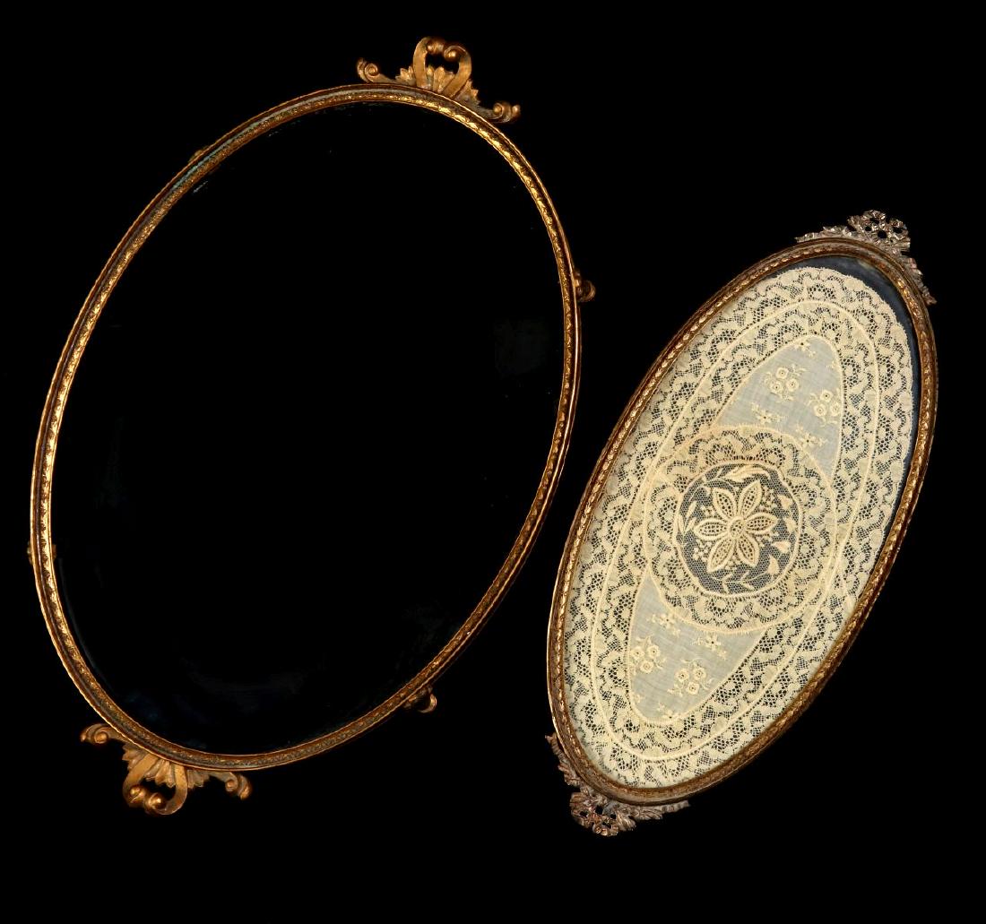 TWO ANTIQUE GLASS, BRASS AND LACE DRESSER TRAYS (1 of 8)