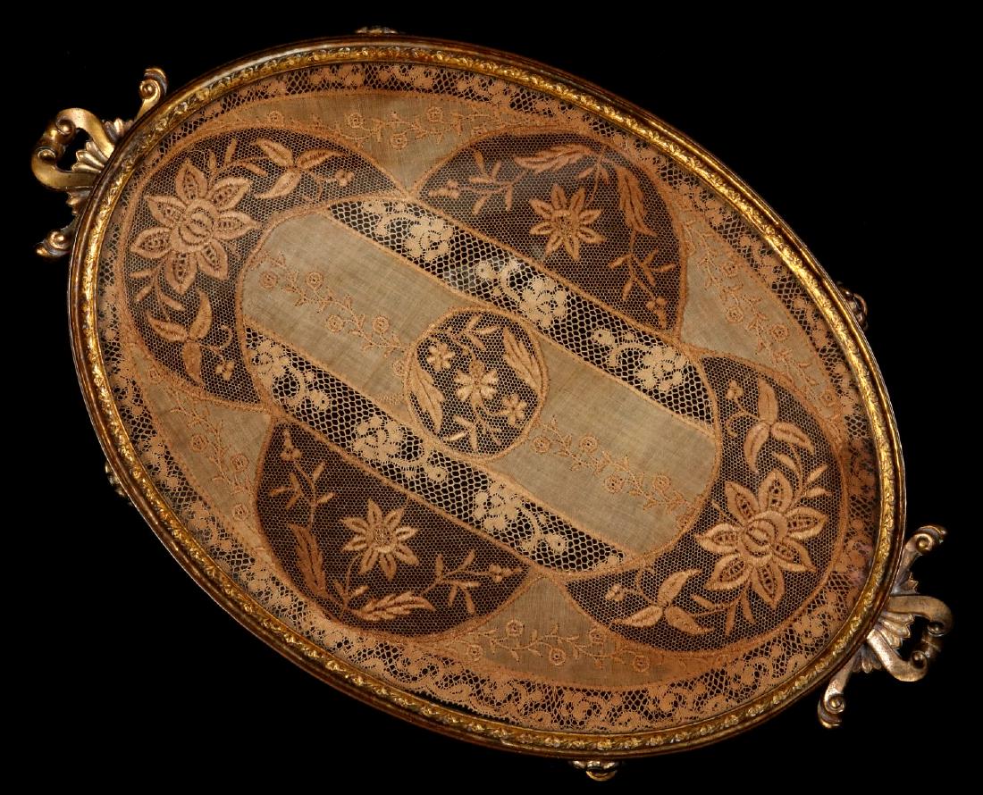 AN ANTIQUE BRASS DRESSER TRAY W/ LACE UNDER GLASS (1 of 6)