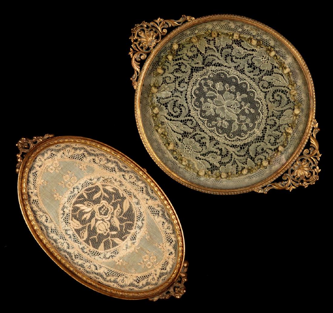 TWO ANTIQUE DRESSER TRAYS WITH LACE UNDER GLASS (1 of 7)