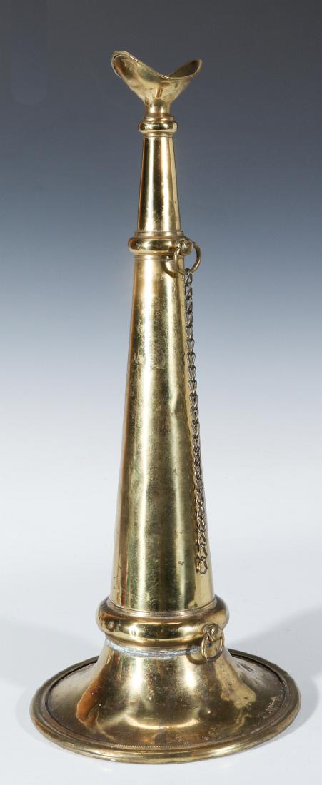 A GOOD 19TH CENTURY BRASS FIREMAN'S TRUMPET: Of typical form and construction, no markings found, the origin of the chain is undetermined,. Measures 18.5 x 7.5 inches. We happily provide seamless in-house packing and shipping services on nearly 