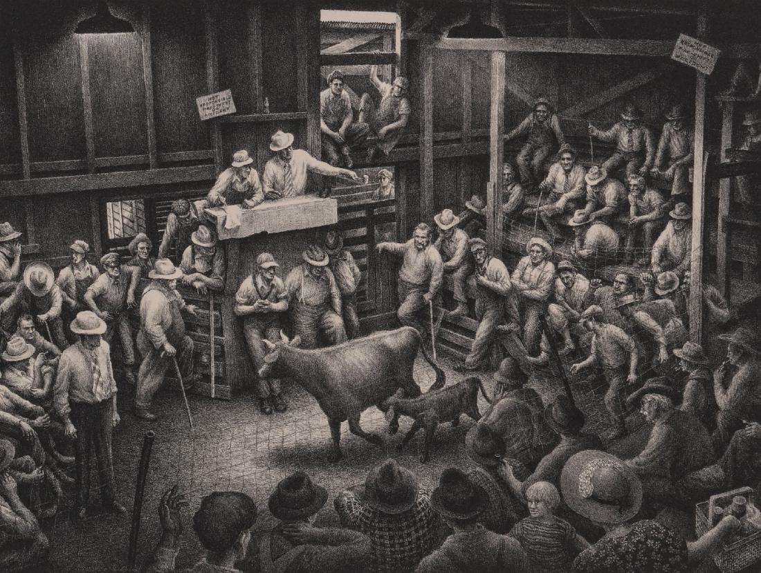 JACKSON LEE NESBITT (1913-2008) PENCIL SIGNED LITHO: Jackson Lee Nesbitt (1913-2008) Auction Barn 1989 Titled 'Auction Barn', the edition noted in pencil as 175/250 lower left, signed lower right and dated '89, marked with artist's blind stamps. Image m