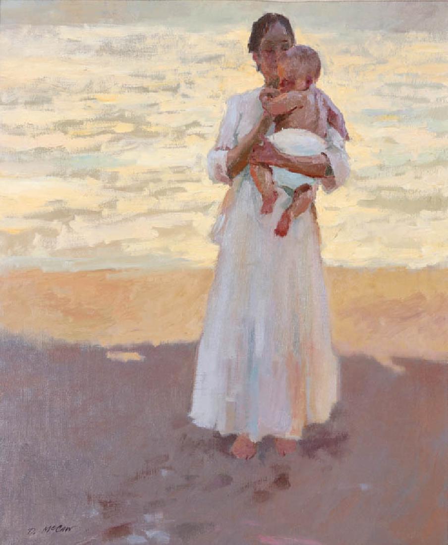 DAN McCAW (BORN 1942) OIL ON CANVAS: Dan Mccaw (Born 1942) A Mother's Love Signed lower left, titled 'A Mother's Love' verso by the label from American Legacy Gallery. Canvas measures 20 x 24, frame is 28 x 32 inches. We happily provide