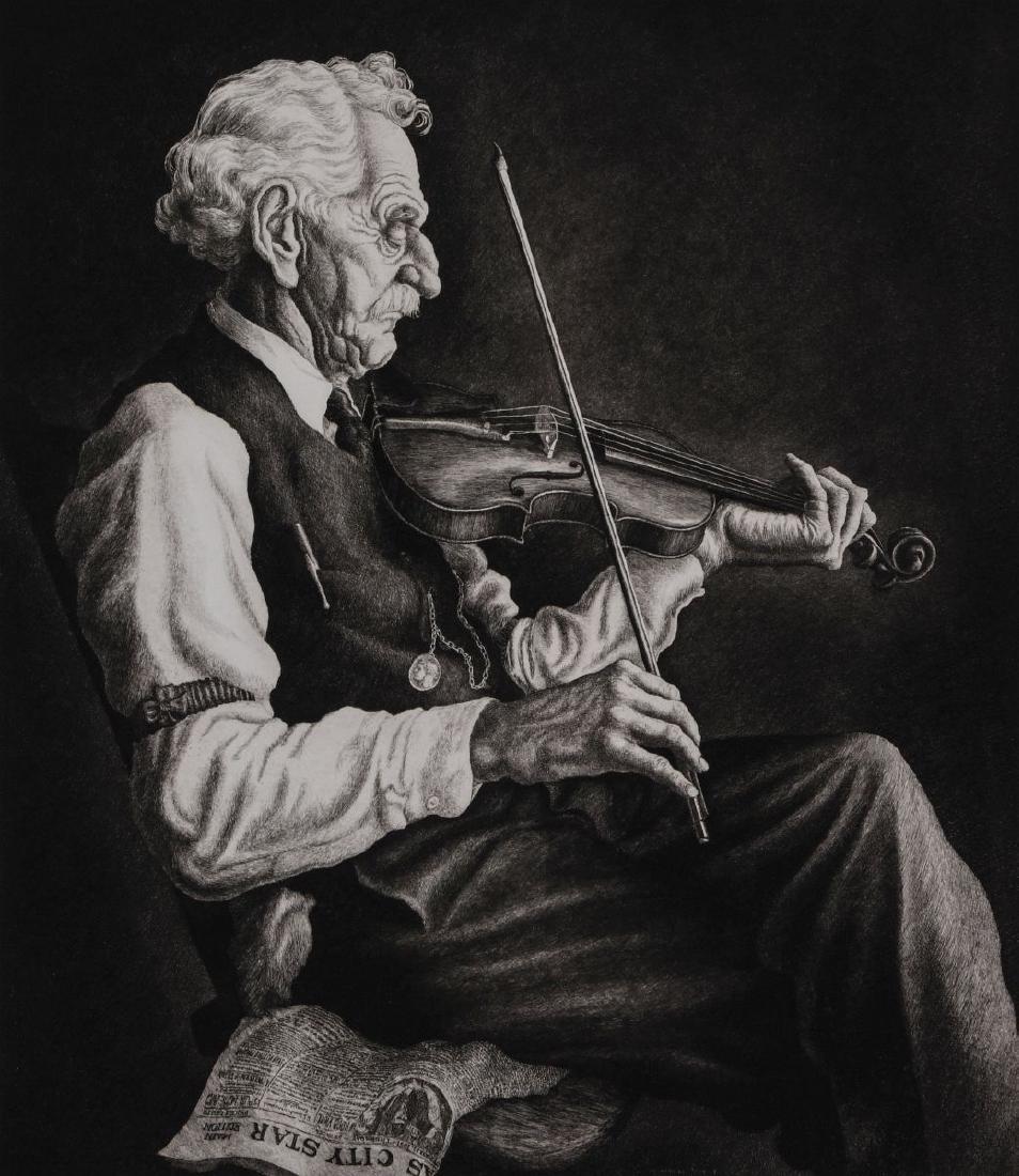 JACKSON LEE NESBITT (1913-2008) PENCIL SIGNED LITHO: Jackson Lee Nesbitt (1913-2008) Old Man with a Violin 1951 Titled 'Old Man with a Violin' lower left, signed lower right, dated 1951 with rendering of the Kansas City Star in the image. Image measures