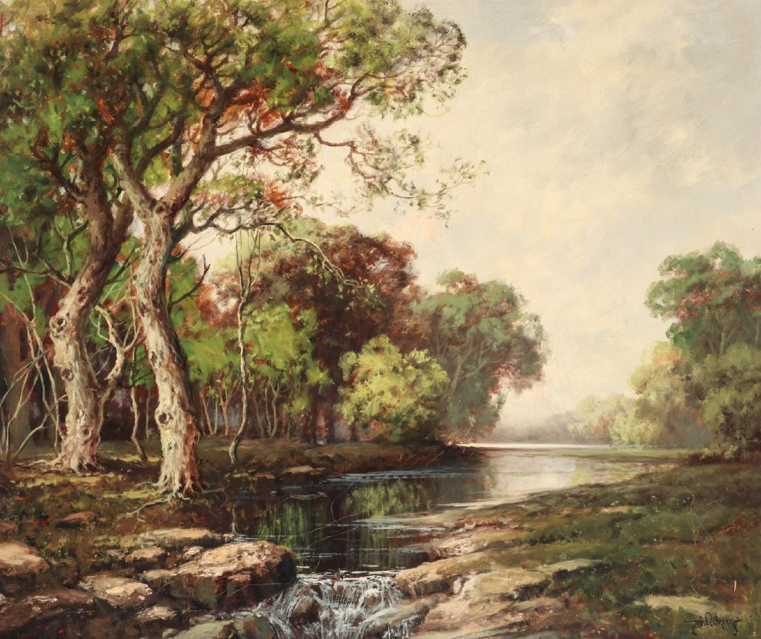 A.D. GREER (1904-1998) OIL ON CANVAS: Signed lower right. Canvas measures 30 x 36 with a frame of 38.5 x 44.5 inches. We happily provide seamless in-house packing and shipping services on nearly everything we sell.