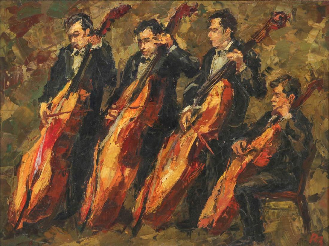 RON BLUMBERG (1908 - 2002) OIL ON ARTIST'S BOARD: Bass Section Circa mid 20th century. Signed lower right in red pigment and verso in black with the standard RB monogram, displayed in a nice period frame. Measures 12 x 16 inches. We happily provide s