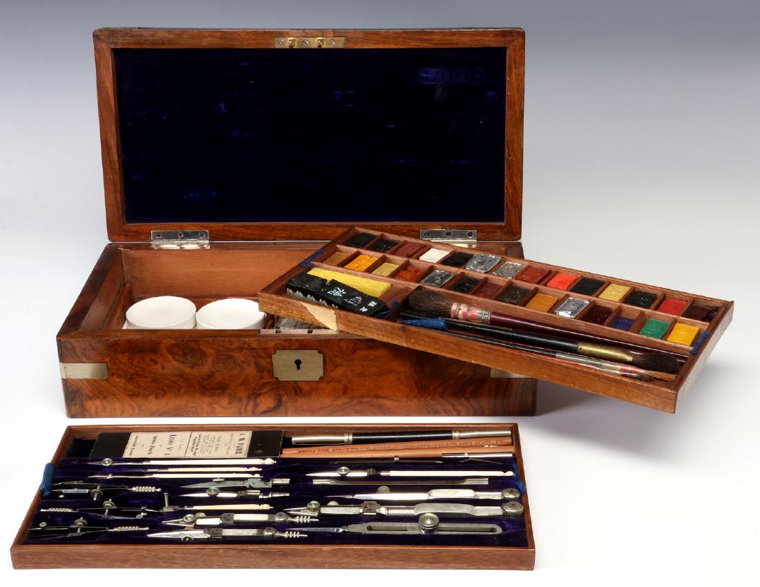 A FINE INTACT 19TH C BURL BOX DRAFTSMAN ARTIST KIT (1 of 14)