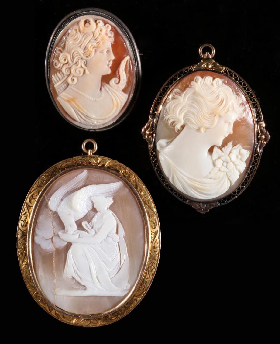 THREE CARVED SHELL CAMEO BROOCH PENDANTS (1 of 20)